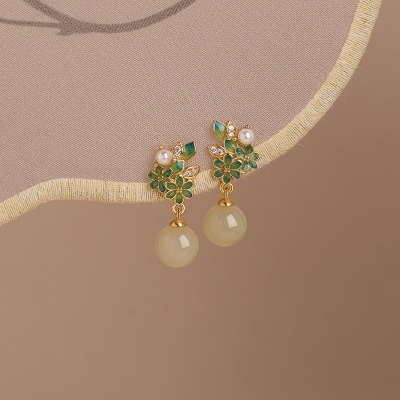 Pure Silver Natural Hetian Jade Earrings and Studs for Women - National Style New Chinese - inspired and Hanfu - matching Jewelry