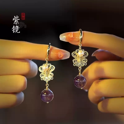 2025 New Arrival purple crystal Long - style Pearl Tassel Earrings for Women. These pure silver drop earrings feature an ancient - style design.